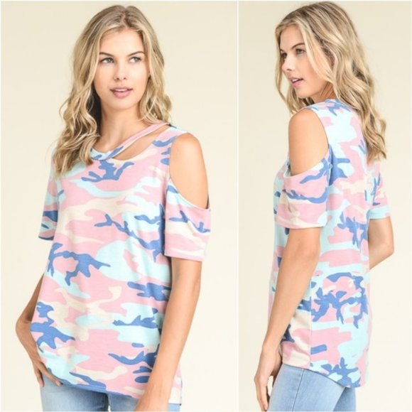 Tops - Army Print Cut Out Tee Shirt